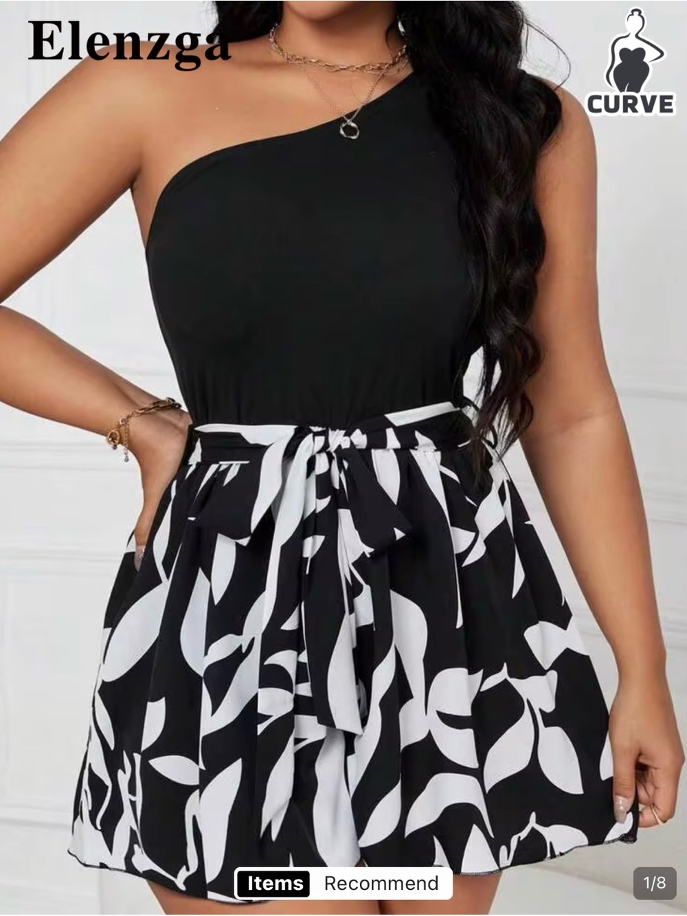 SHEIN Black One-Shoulder Belted Print Romper